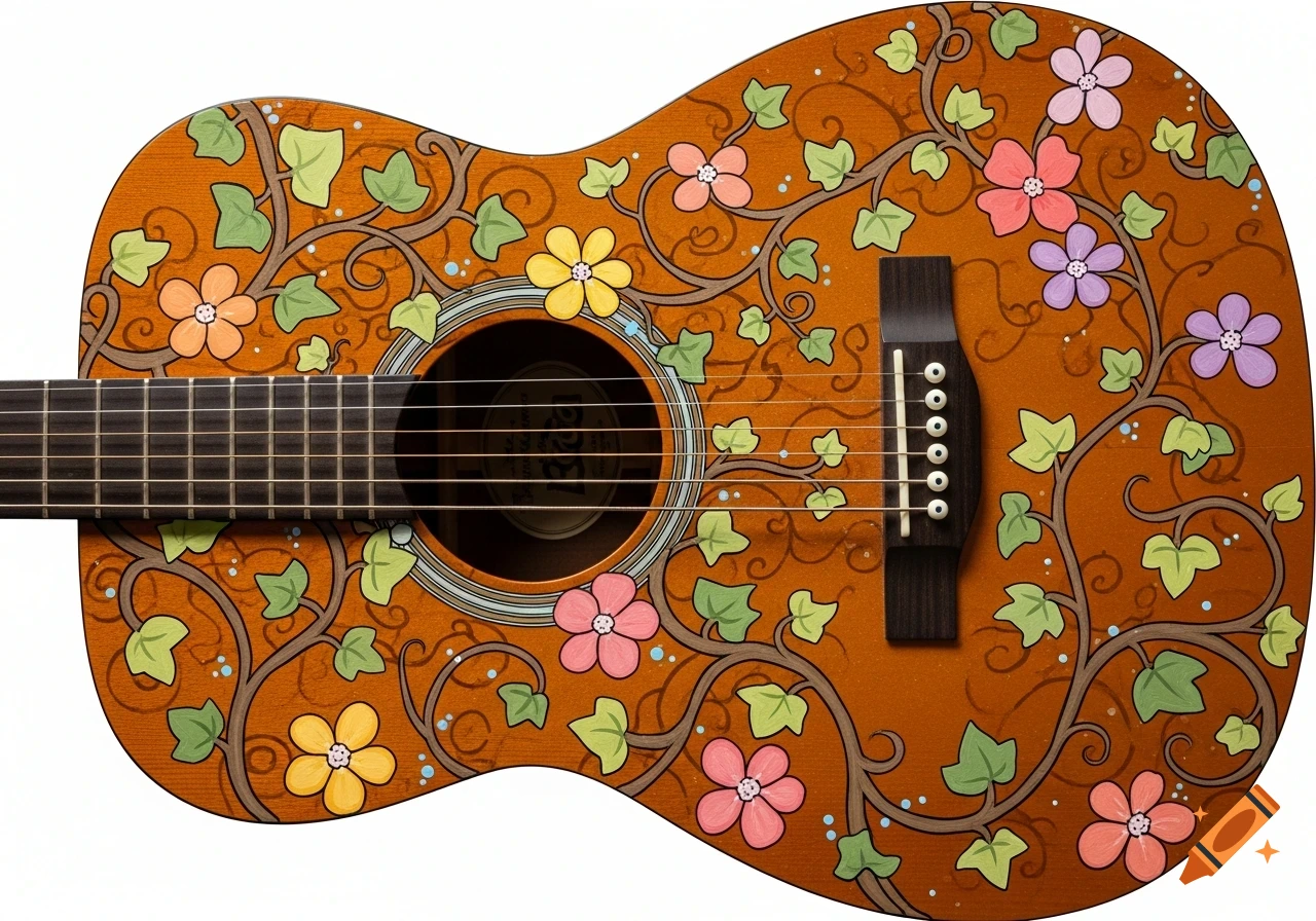 Close-up of an acoustic guitar with a vibrant hand-painted floral and vine design on its orangy-brown body.