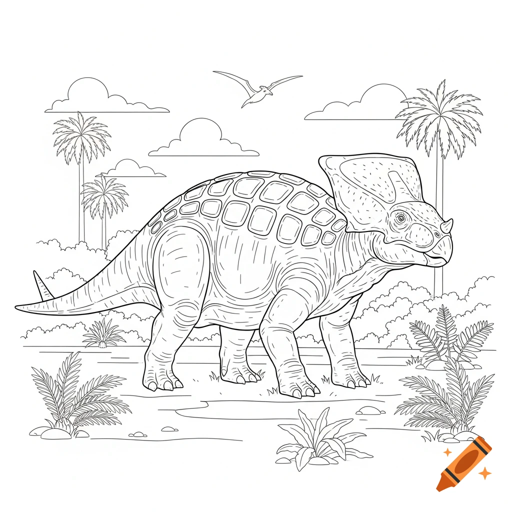 Line art coloring page of a Euoplocephalus dinosaur in a prehistoric landscape with palm trees and a flying pterodactyl.