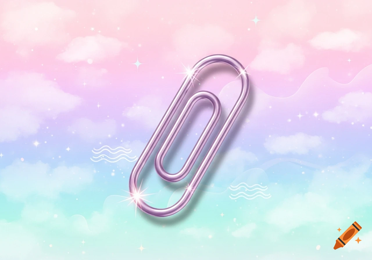 A shiny purple 3D paperclip floats against a dreamy pastel background with clouds, sparkles, and waves.