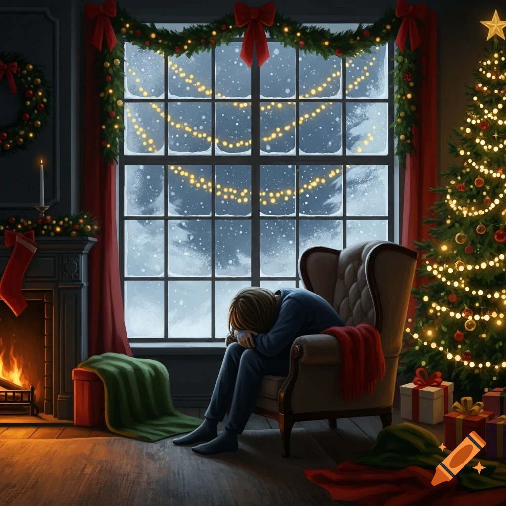A person hunches sadly in an armchair in a cozy room, watching snow fall outside a window decorated with Christmas lights, next to a tree and fireplace.
