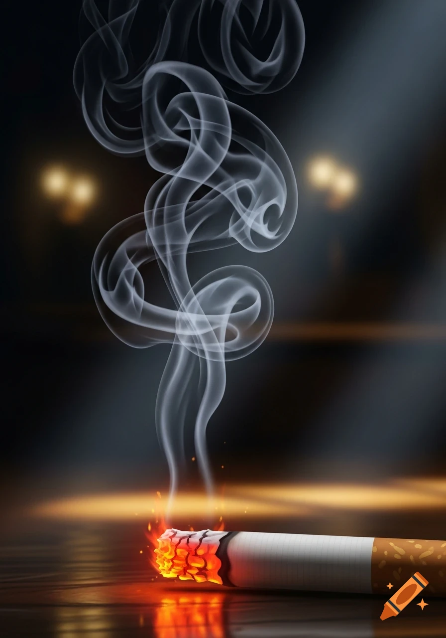 Close-up of a lit cigarette with a glowing ember and white smoke swirling upwards against a dark, blurred background.