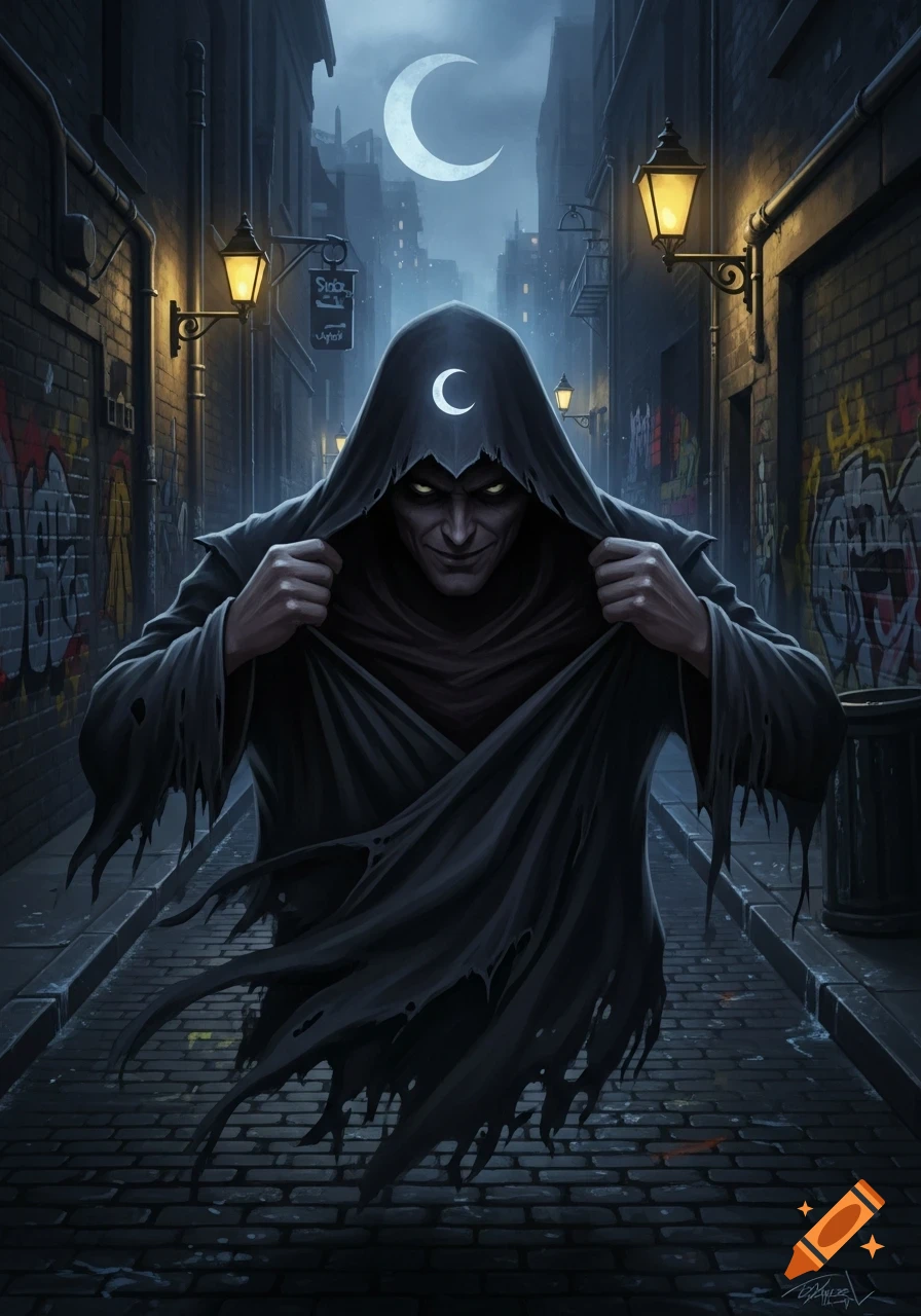 A sinister hooded figure with glowing eyes and a crescent moon symbol on their hood stands in a dark, graffiti-covered alley at night.