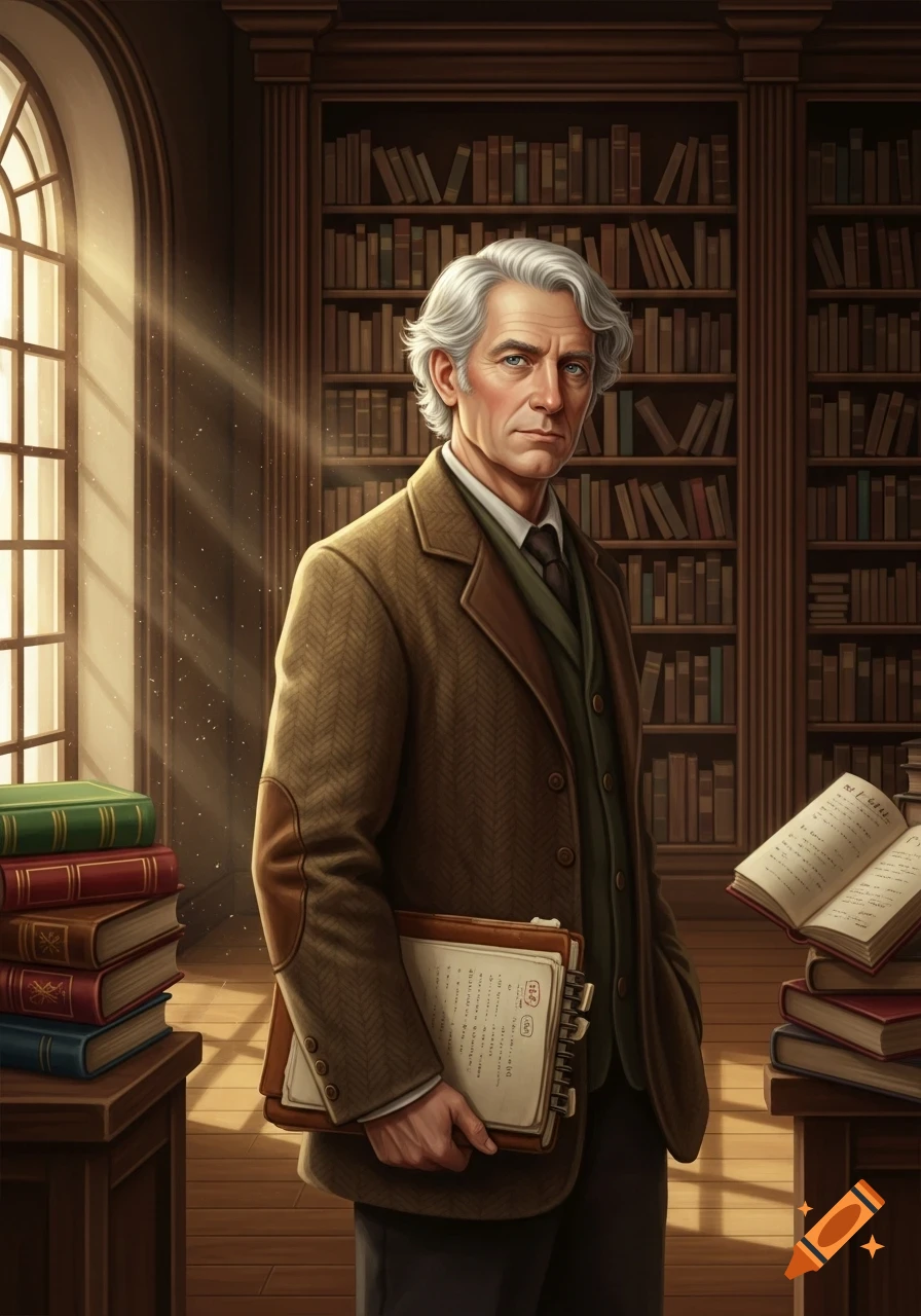 A serious-looking man with gray hair, dressed in a brown jacket, stands in a sunlit library, holding a notebook.