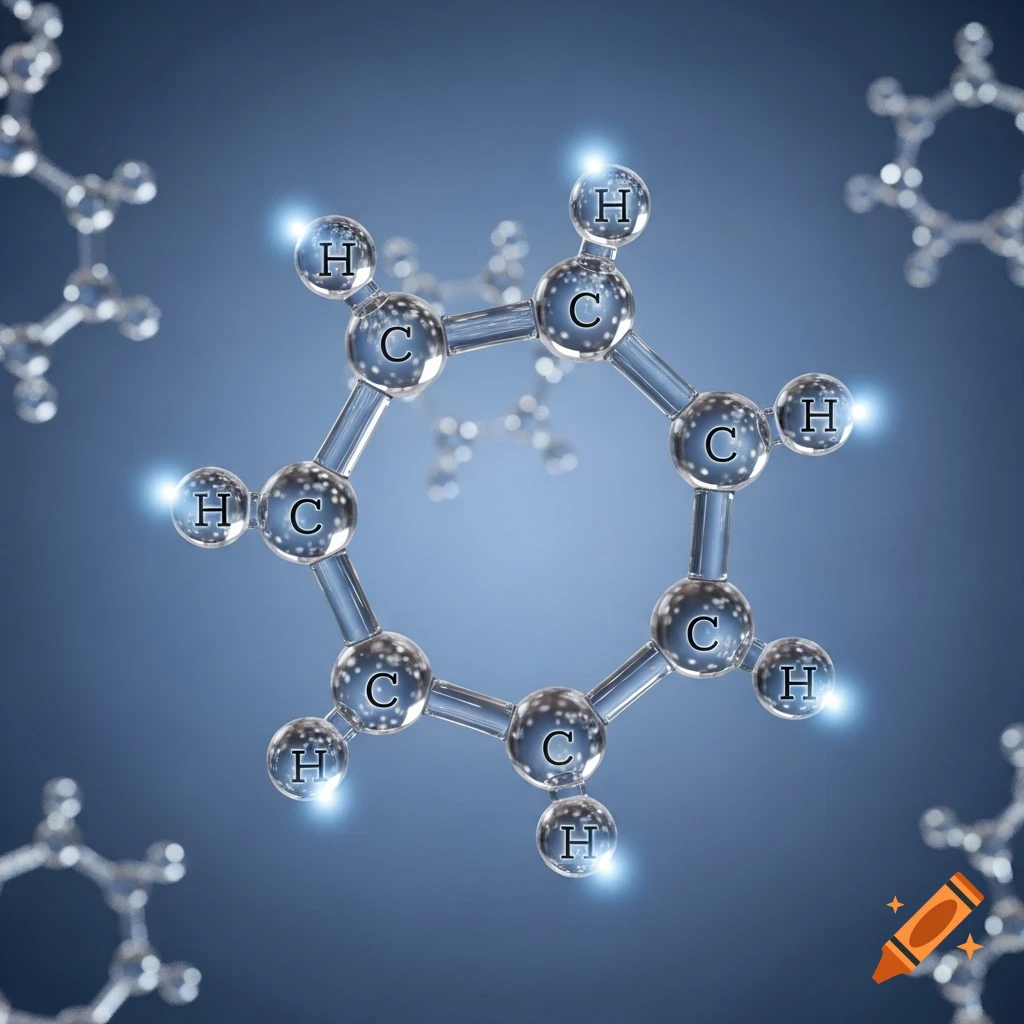 A glowing 3D rendering of a benzene molecular structure with interconnected spheres labeled C and H.
