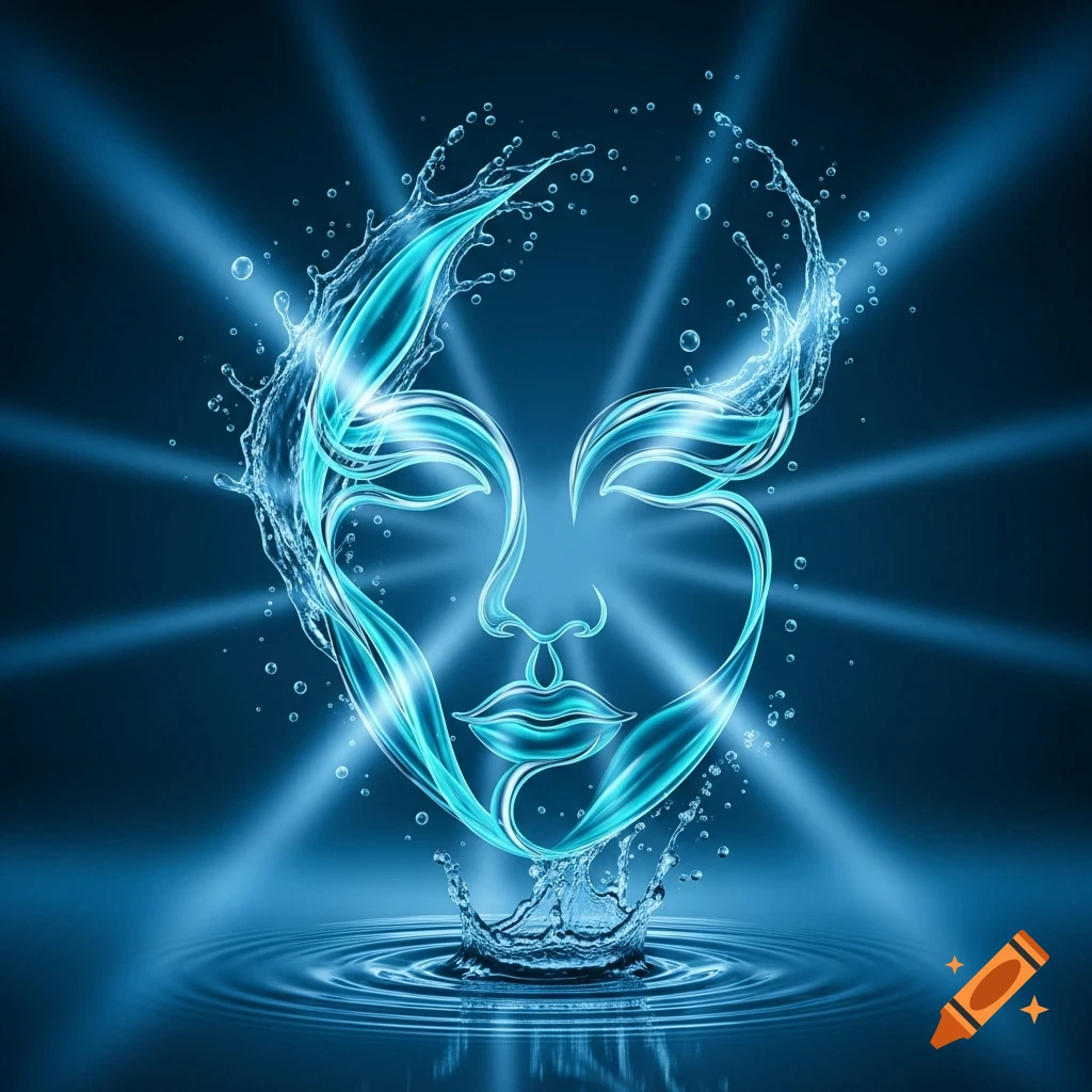 Abstract glowing blue water face with splashes and ripples on a dark blue background with light rays.