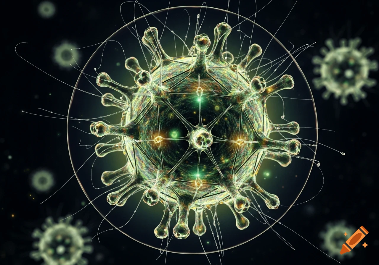 A detailed microscopic view of a green and yellow virus with spiky proteins, glowing against a dark background with other blurred viruses.