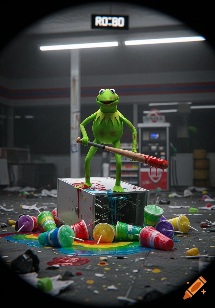Kermit the Frog with a bloody baseball bat stands on a destroyed gas station counter amidst spilled, colorful drinks, viewed through a circular lens.