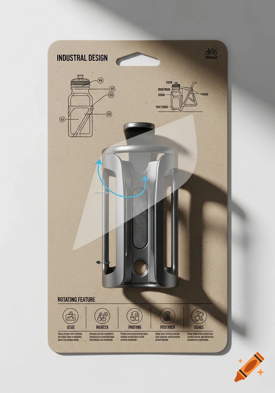 Product packaging for a silver bicycle bottle holder with diagrams and text on a cardboard back panel.