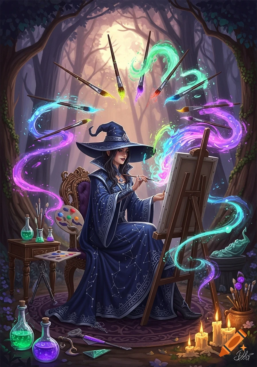 A witch in a blue robe and hat paints at an easel in a magical forest, with glowing paintbrushes and potions. Fantasy art.