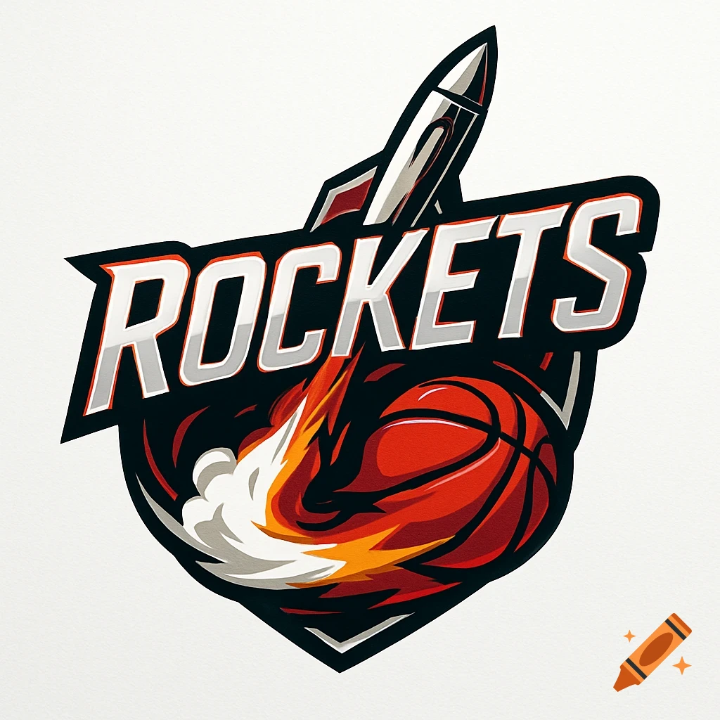 A stylized logo with the word "ROCKETS" in white, a red basketball, and a silver rocket with flames, all within a dark shield outline.