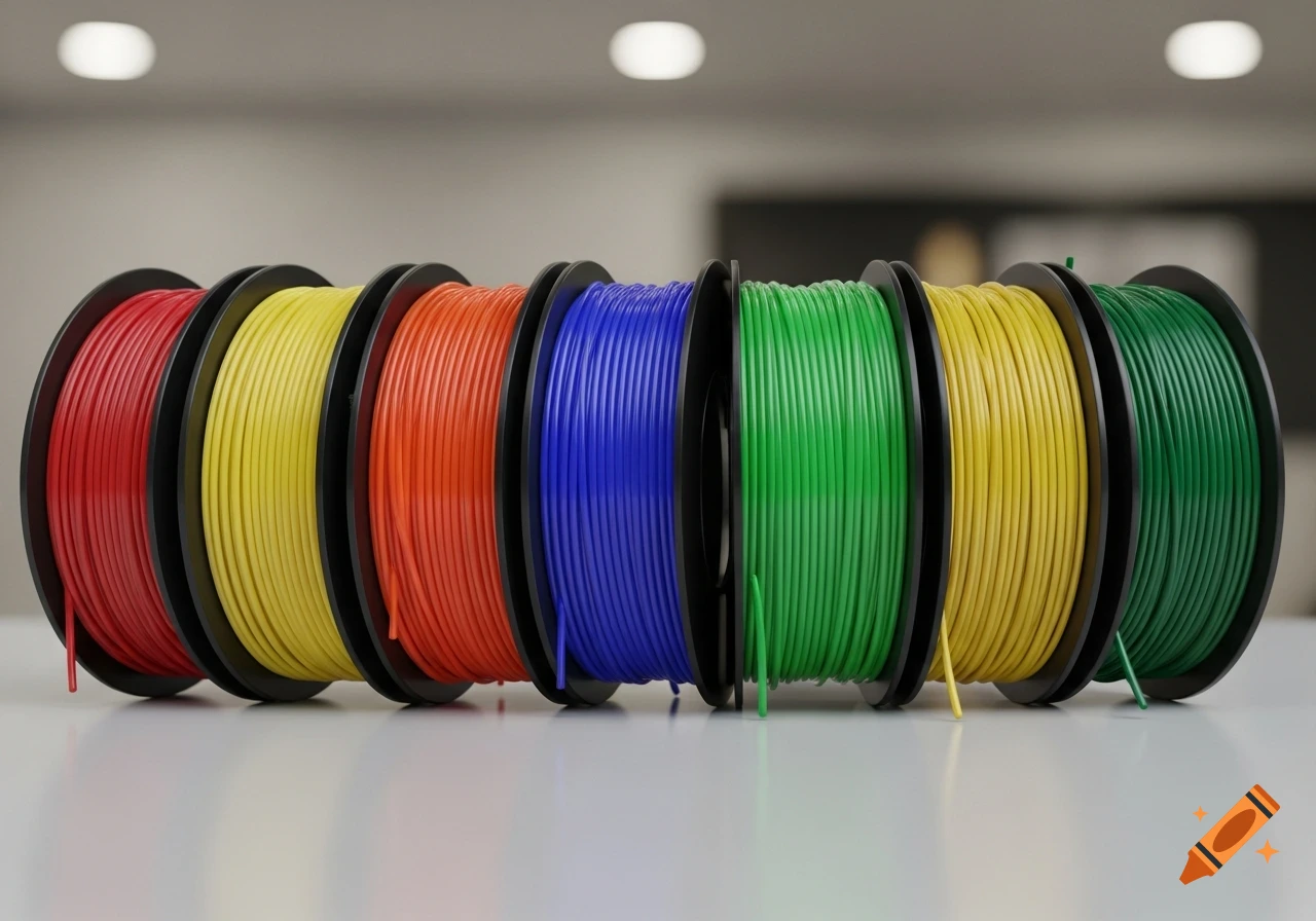 Row of ten colorful 3D printer filament spools including red, yellow, orange, blue, and green, arranged side by side.