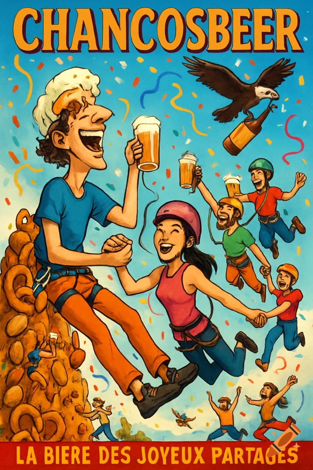 A colorful, energetic illustration for "CHANCOSBEER," showing laughing climbers in mid-air holding beers, a cliff of pretzels, and an eagle delivering a beer bottle.
