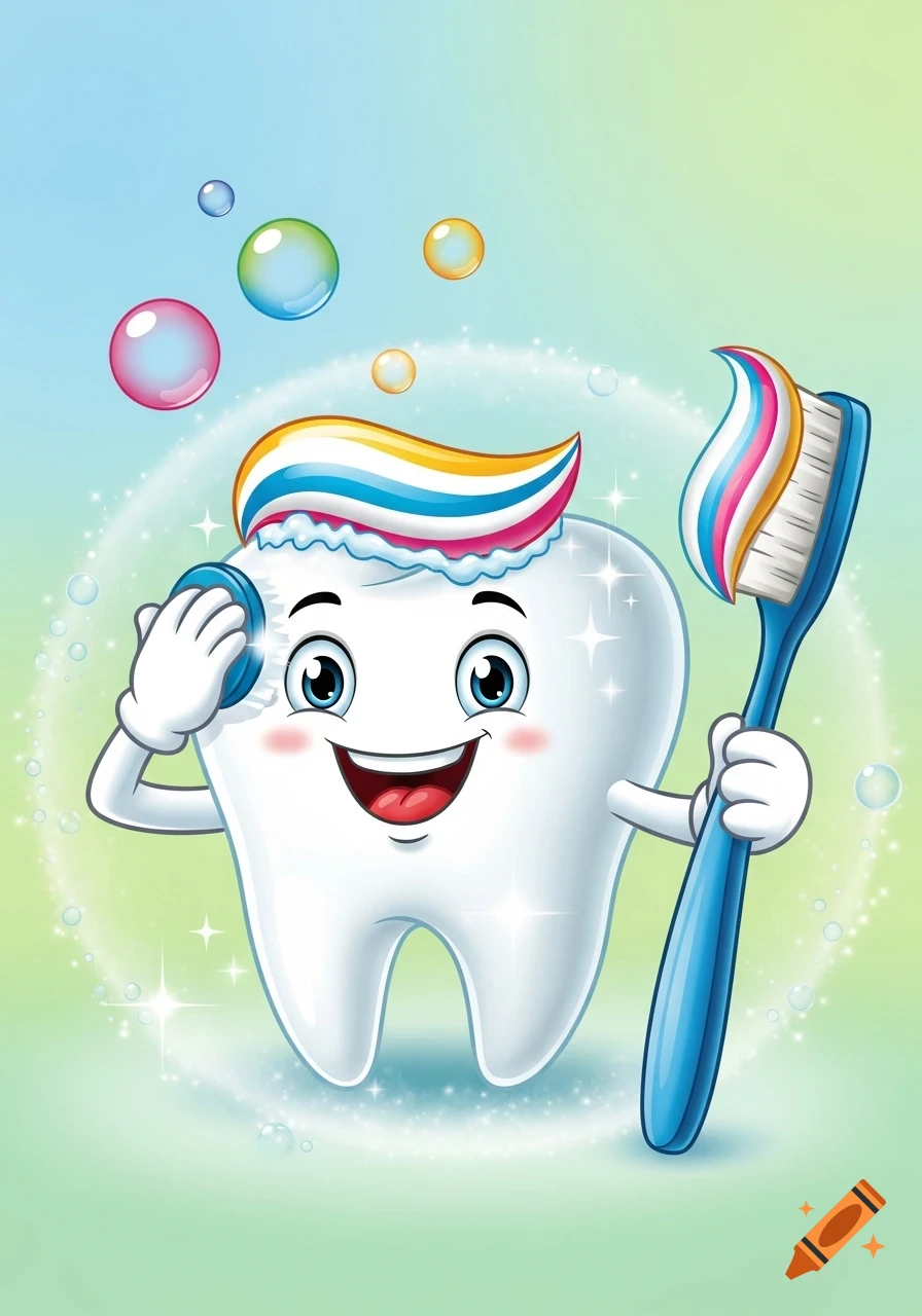A happy cartoon tooth character with toothpaste on its head, holding a toothbrush and scrubbing itself with a sponge, surrounded by bubbles.