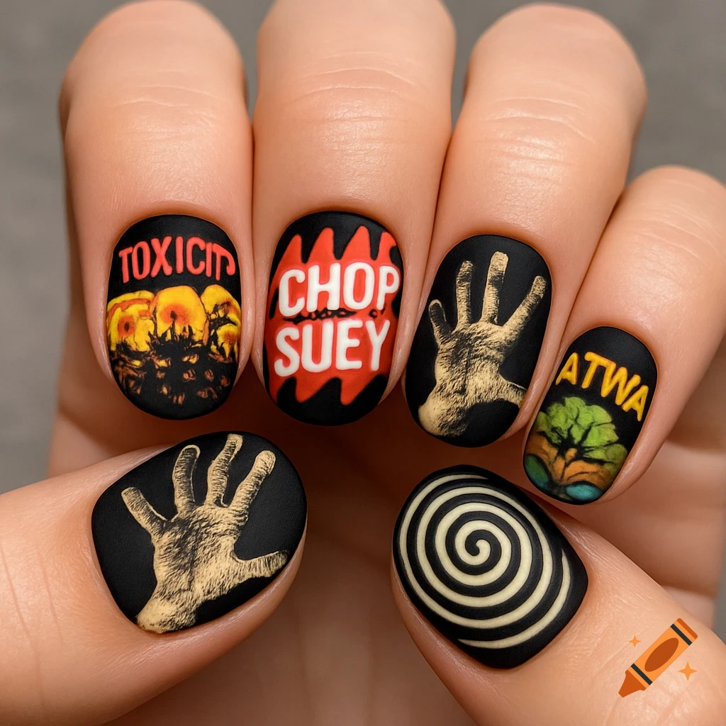 Close-up of a hand with matte black nail art featuring designs inspired by the rock band System of a Down, including album art, song titles like 'Toxicity', 'Chop Suey', and 'ATWA', a hand graphic, and a spiral design.