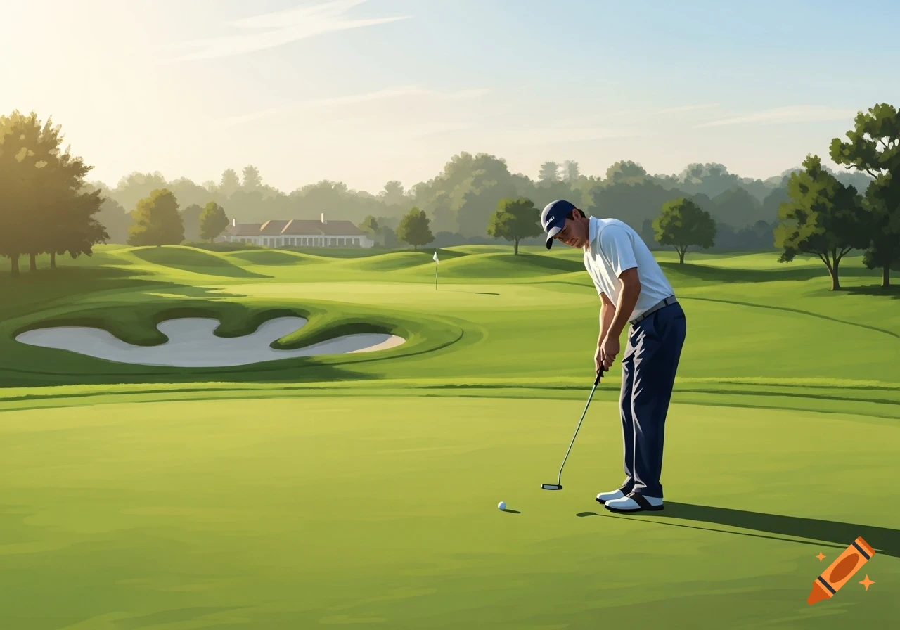 A man in a white shirt and blue cap putts a golf ball on a sunny green course with a clubhouse and trees in an illustrative style.