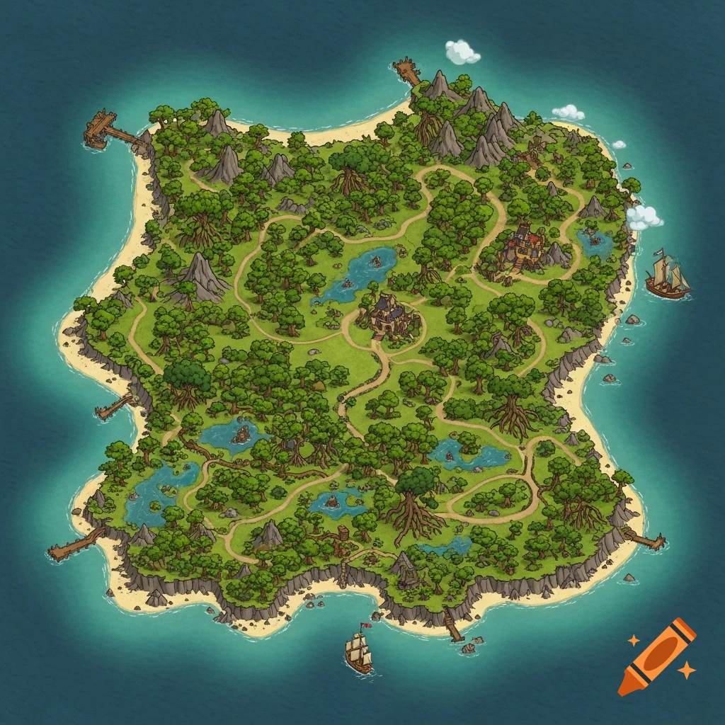 Detailed top-down fantasy map of a pirate island with forests, swamps, buildings, and two ships on the water.