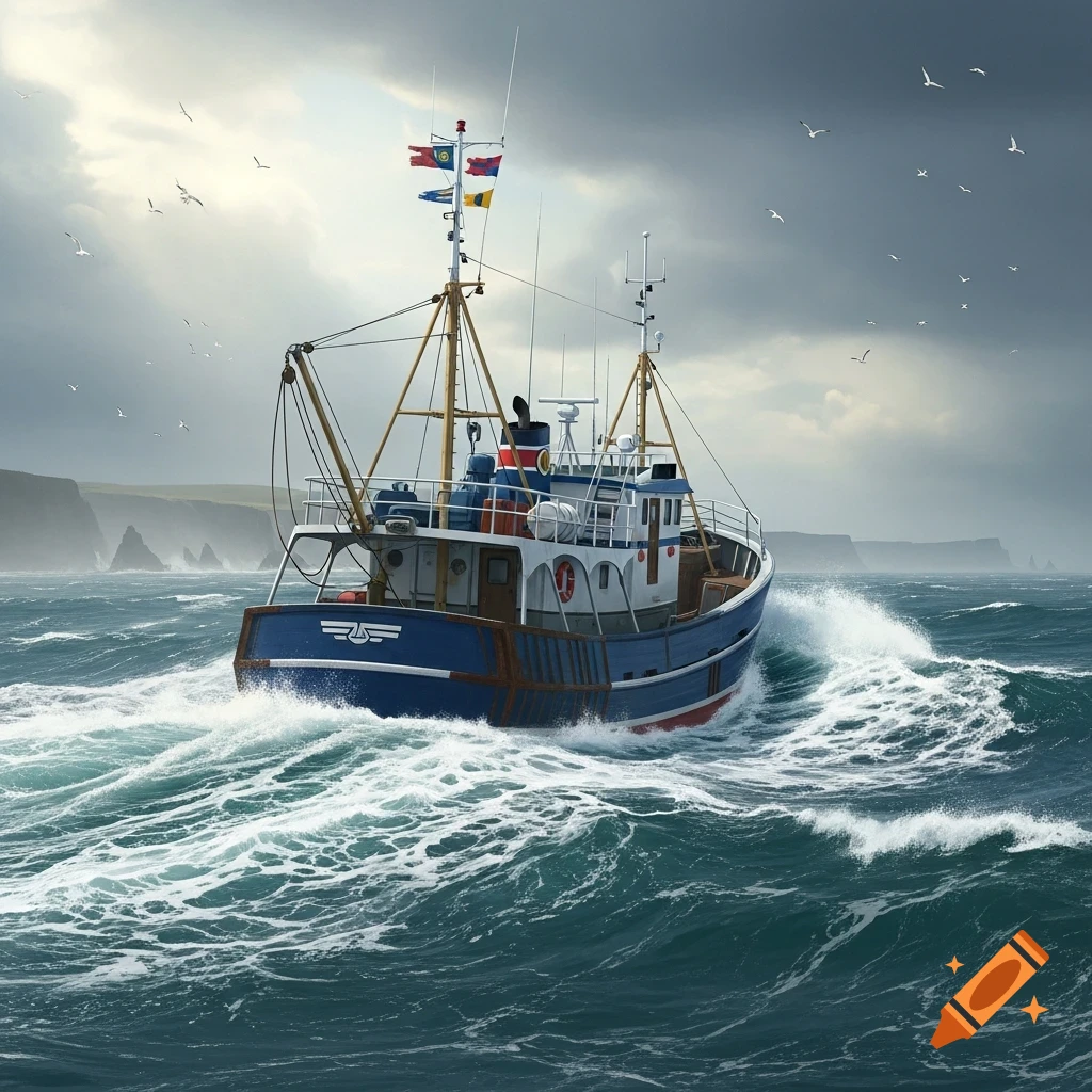 A blue and red fishing trawler navigates through choppy, white-capped ocean waves under a cloudy sky, with distant cliffs visible.