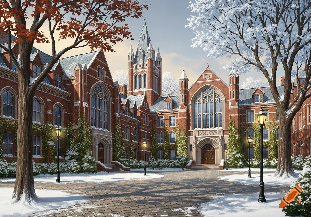 Painterly view of a snowy university campus with red brick gothic revival buildings and bare trees.