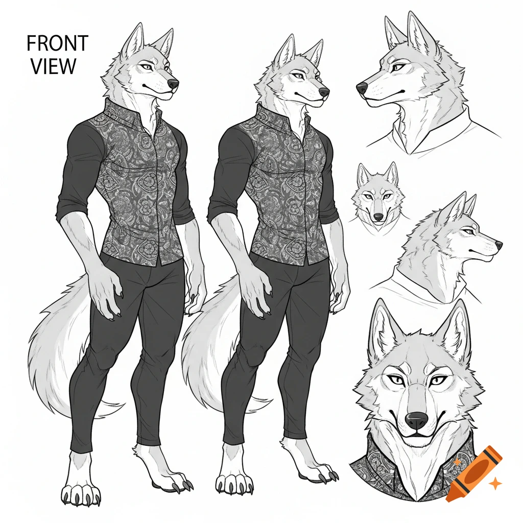 Black and white character reference sheet of an anthropomorphic wolf wearing a patterned vest and pants, with full body front views and head close-ups.