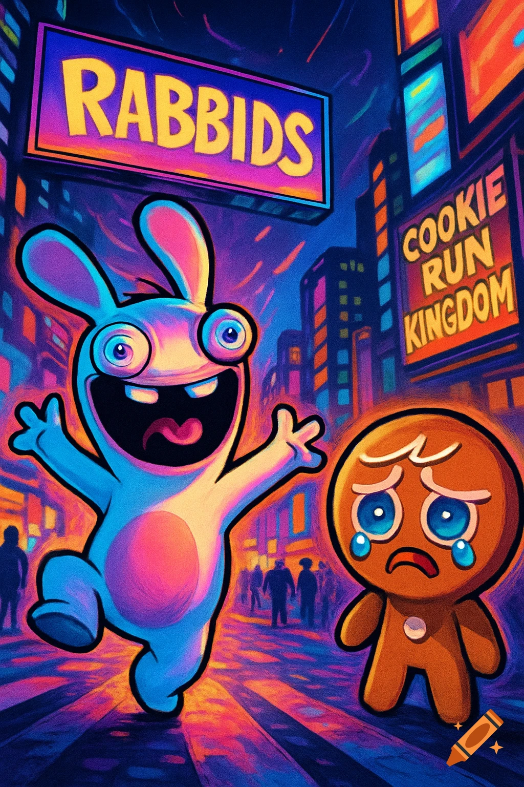 A happy Rabbid character and a crying Cookie Run Kingdom cookie stand in a vibrant, neon-lit city street with glowing signs.