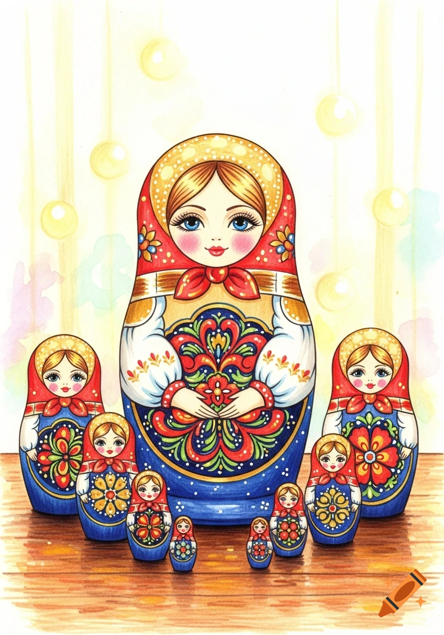 A colorful watercolor drawing of a large Russian nesting doll surrounded by smaller decorated matryoshka dolls on a wooden surface.