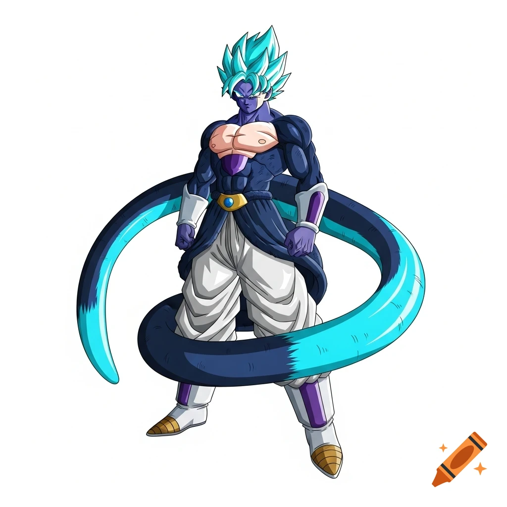 Muscular anime character with blue skin, spiky light blue hair, a dark blue and white outfit, and a long, coiled dark blue to cyan gradient tail.