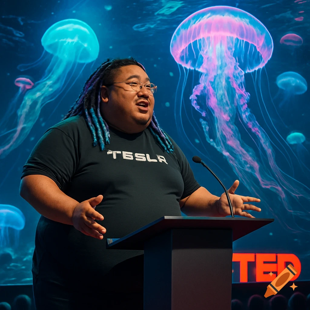 An obese man with dreadlocks wearing a 'TESLA' shirt gives a TED Talk in front of a screen displaying glowing neon jellyfish.