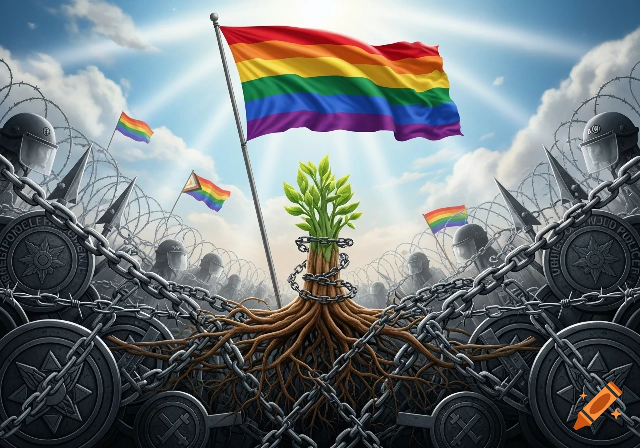 A vibrant rainbow Pride flag waves above a plant with green leaves, its roots growing strongly through metal chains and barbed wire. In the background, dark figures in riot gear stand beneath a bright, cloudy sky, symbolizing resilience against oppression.