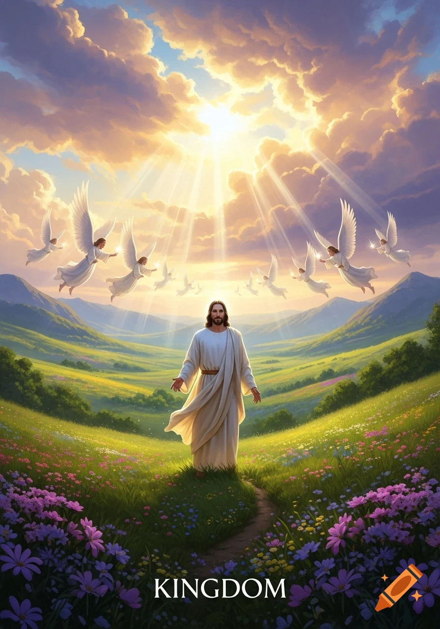 Jesus stands in a vibrant meadow with open arms, while angels fly in a sunlit sky above. The word 'KINGDOM' is at the bottom.