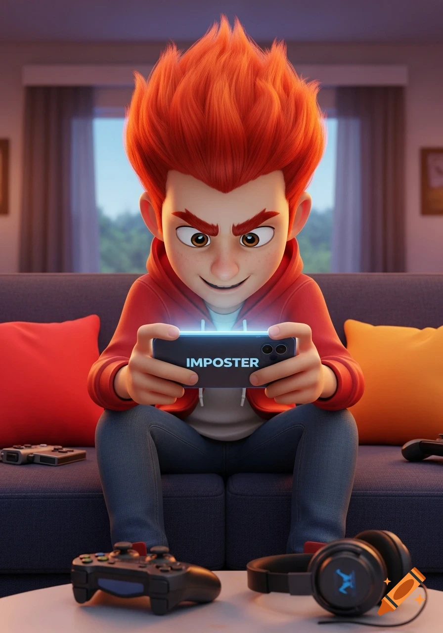 An angry short ginger cartoon boy with spiky red hair plays a mobile game showing 'IMPOSTER' on his phone, sitting on a couch with game controllers and headphones nearby.