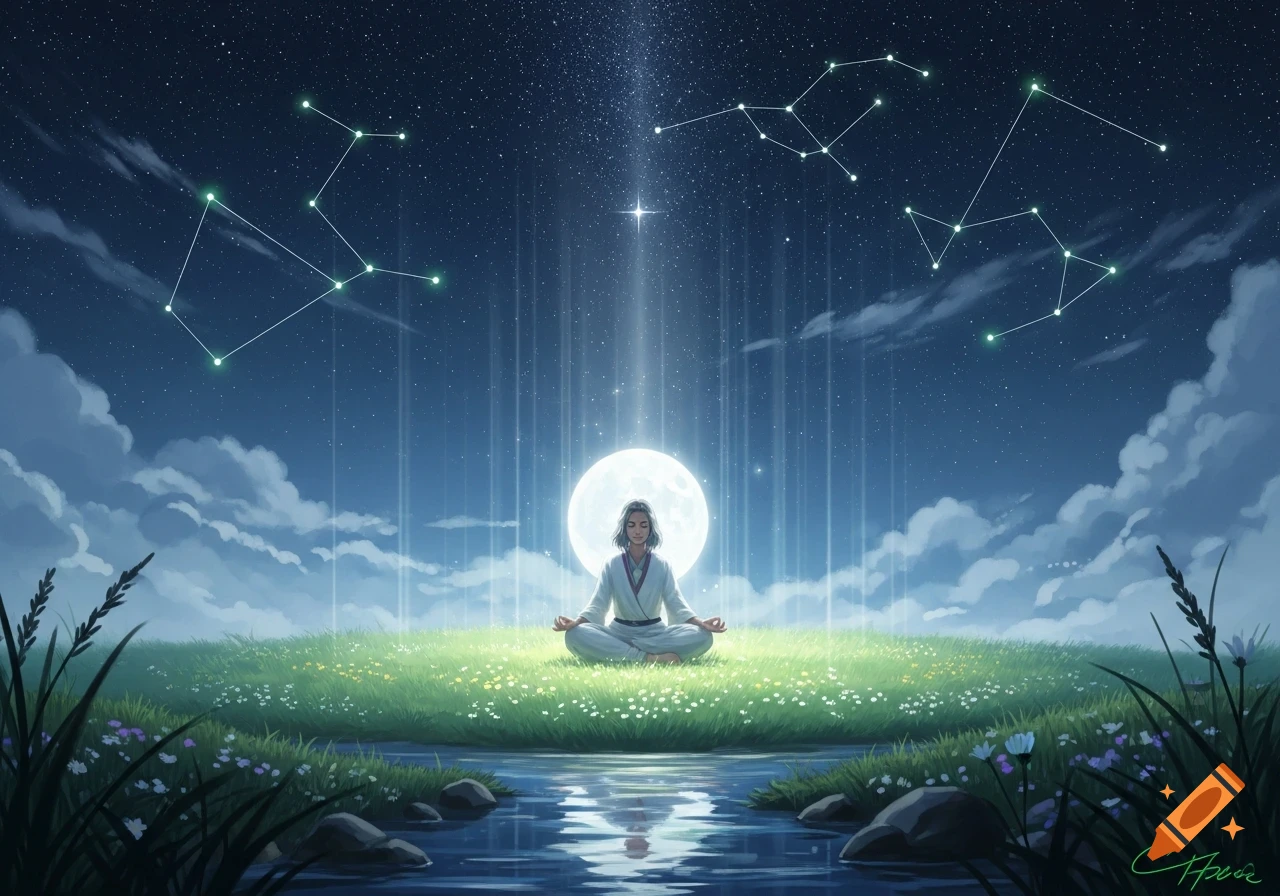 A person meditates in a lotus position on a grassy hill, beside a stream under a starry night sky with a full moon and constellations.