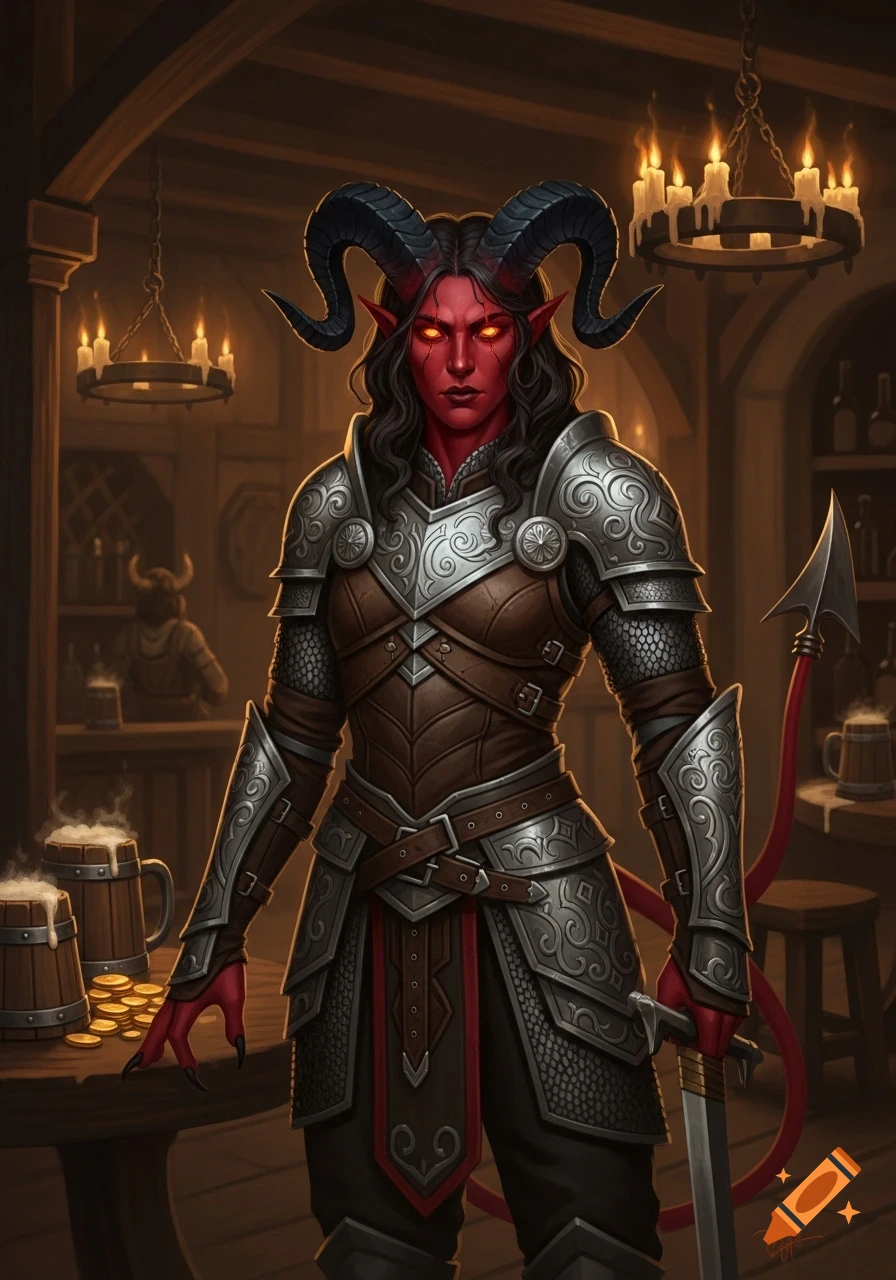 A red-skinned Tiefling warrior with horns, glowing eyes, and a sword stands in a dimly lit tavern, wearing ornate silver and leather armor.