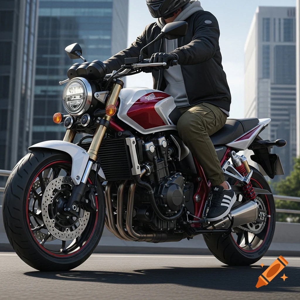 Photorealistic image of a person in a black jacket and Adidas sneakers riding a white and red Honda CB 1300 motorcycle on a city street.
