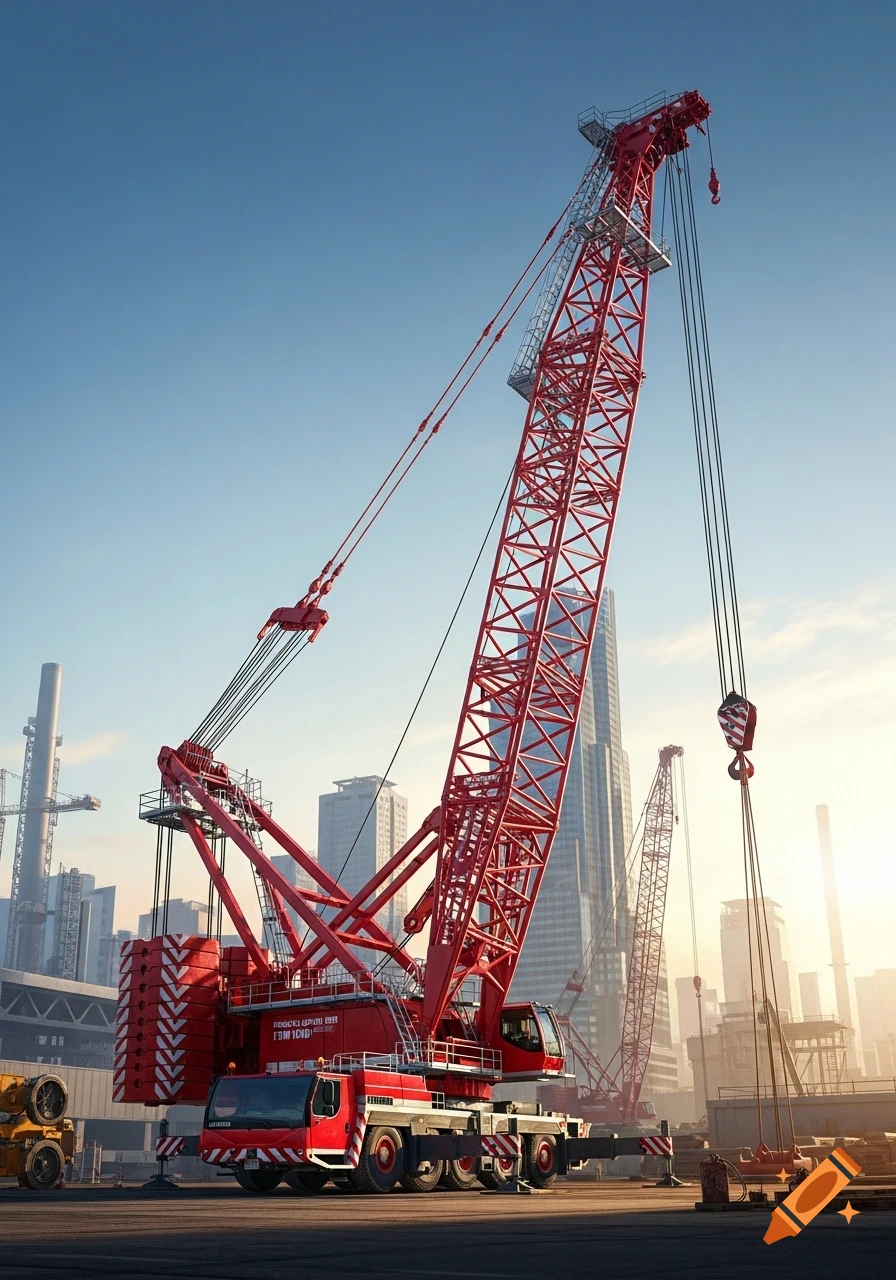 A large red Liebherr mobile crane stands prominently on a paved surface in a city, with tall buildings and industrial structures under a clear blue sky.