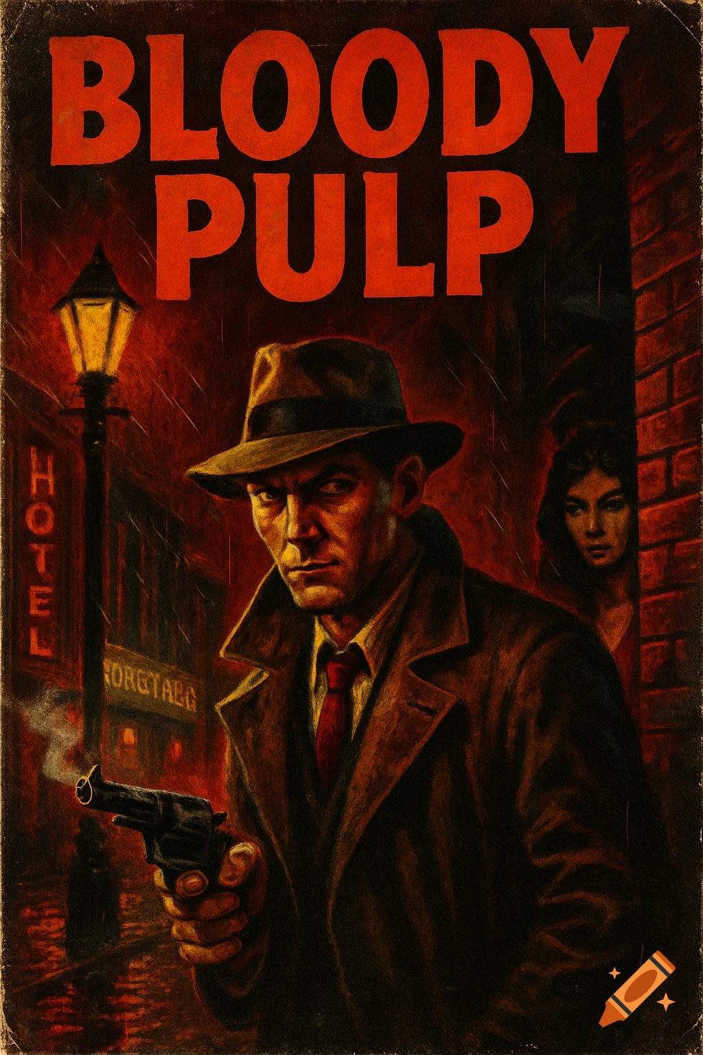 A vintage pulp fiction cover art depicts a stern man in a fedora holding a smoking revolver in a rainy street, with a woman hiding behind a wall, under the title "BLOODY PULP".