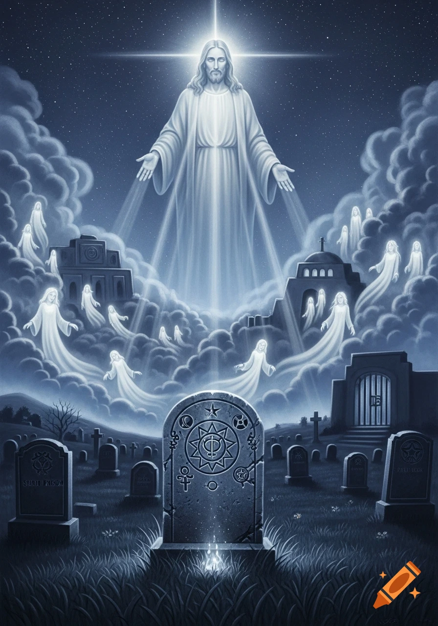 Jesus Christ, with rays of light, stands above a graveyard where spirits rise from the clouds. In the foreground, a gravestone glows amidst the moonlit scene.