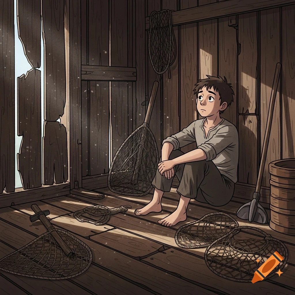 A young, sad fisherman sits barefoot in an old wooden hut filled with fishing nets, light streaming through broken boards in a cartoon illustration.