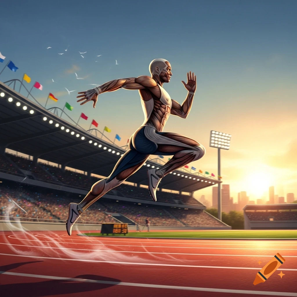 An anatomical figure with visible muscles runs in mid-air over a red track in a stadium at sunset.