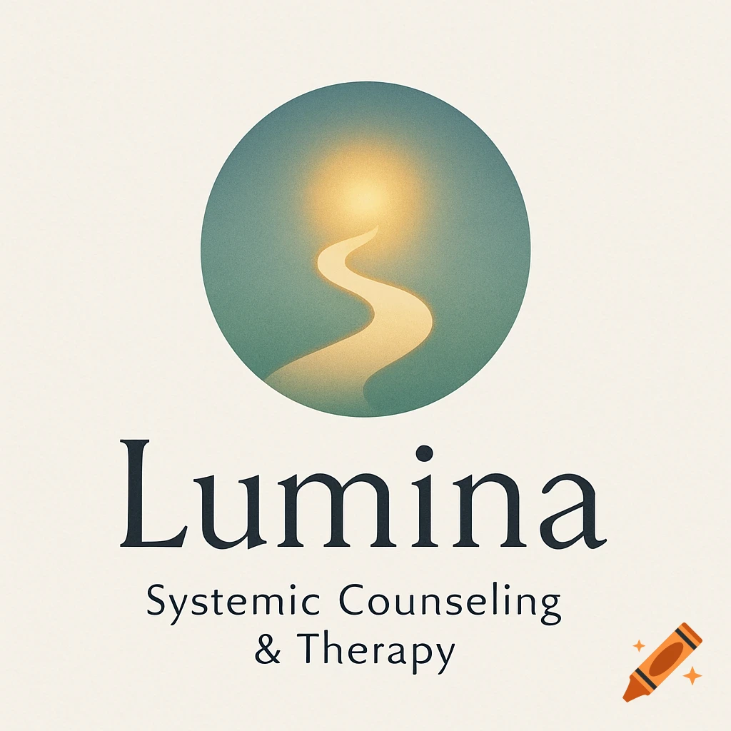 Logo for Lumina Systemic Counseling & Therapy, featuring a winding path leading to a glowing light within a teal circle.