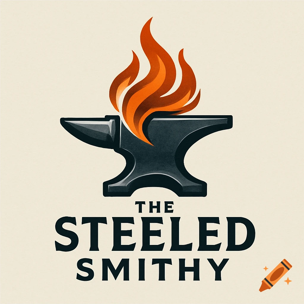 A logo for 'The Steeled Smithy' featuring a dark gray anvil with orange and red flames rising from its top on a light background.