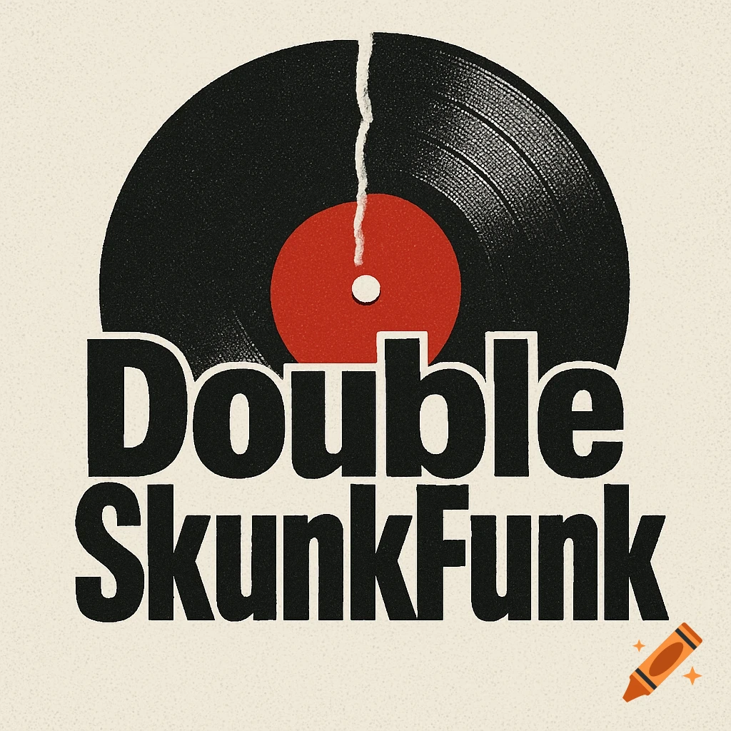 Minimalist old-school style art with a cracked black vinyl record and bold text "Double SkunkFunk" on a textured beige background.