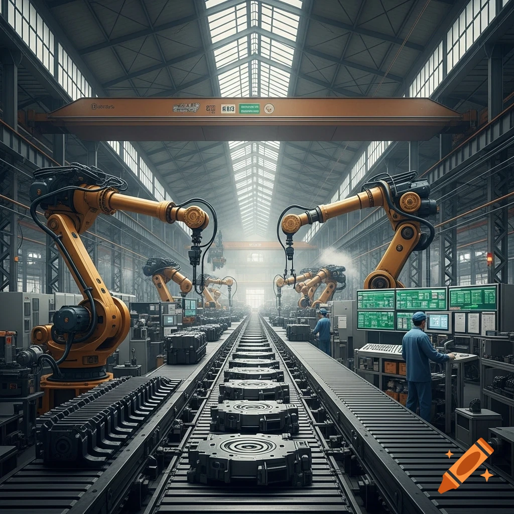 A wide, detailed view of a modern factory floor with large robotic arms, conveyor belts, and workers at control panels.