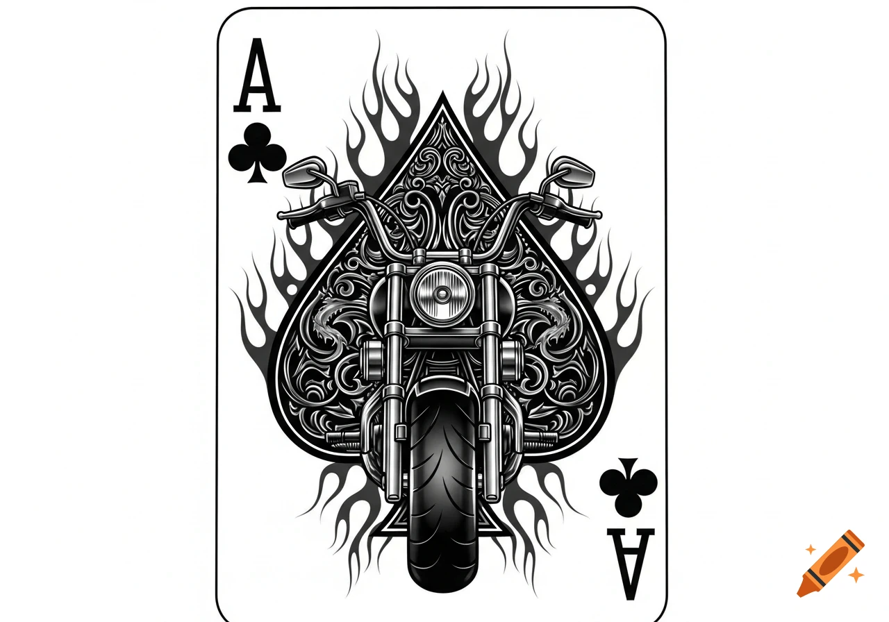 Ace of Clubs playing card featuring a detailed black and white illustration of a front-facing motorcycle with flames.