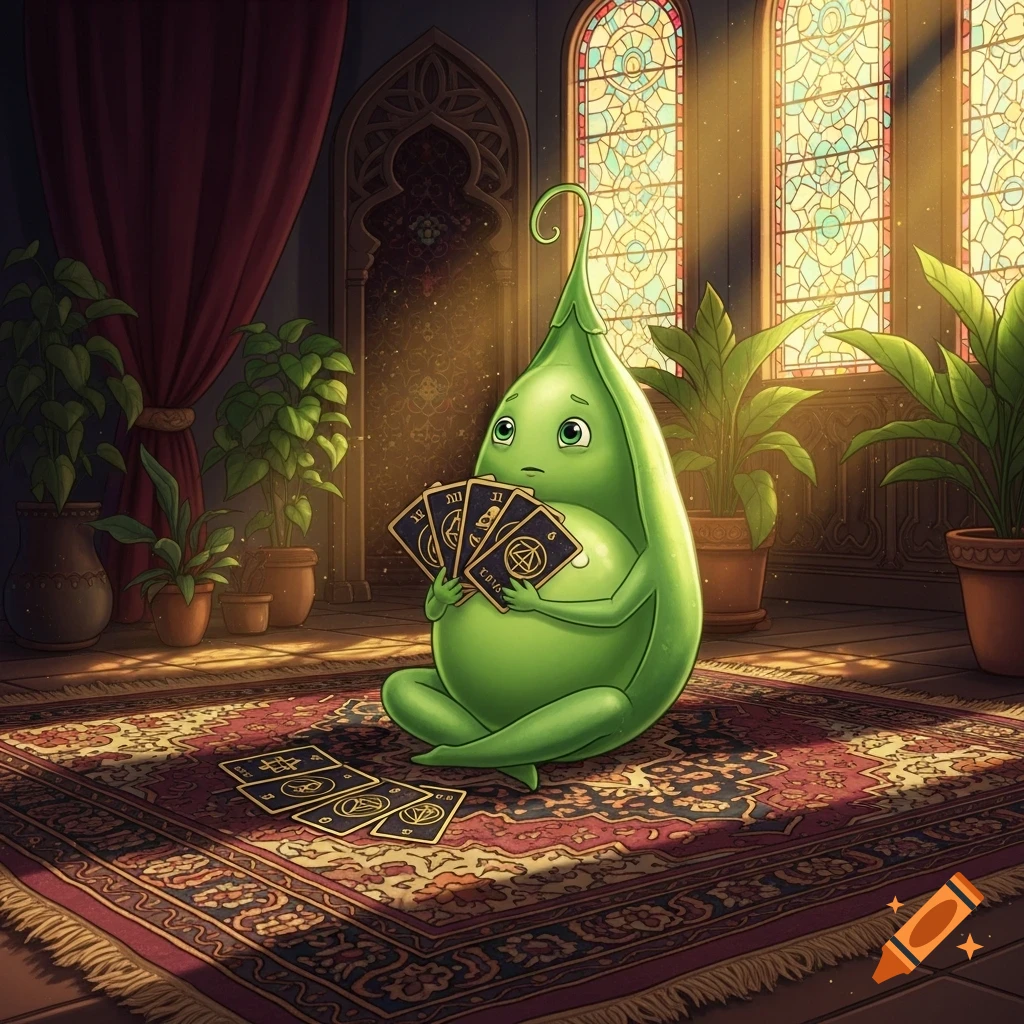 A worried cartoon pea creature sits on a rug holding tarot cards, with more cards on the floor in a room with stained glass windows.