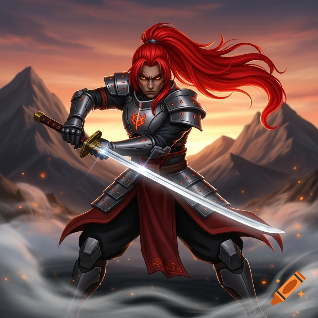 A red-haired warrior in dark armor holds a glowing sword with two hands ...
