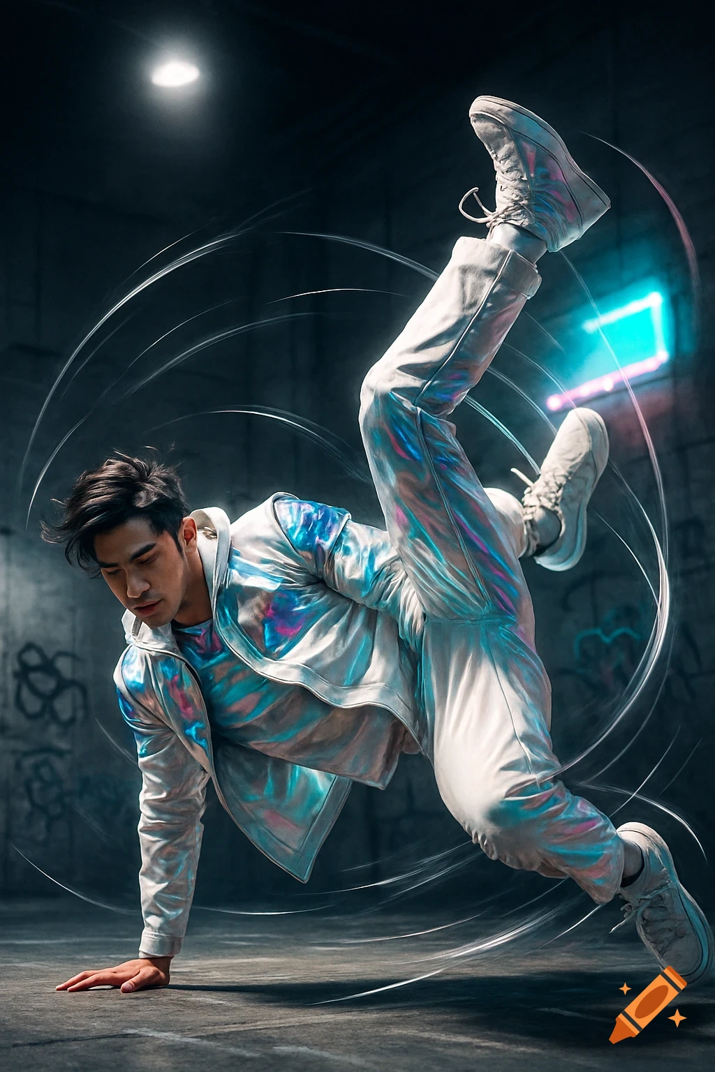 A male dancer in a holographic jacket and pants performs a dynamic, inverted pose on one hand in a dimly lit urban setting with light trails.