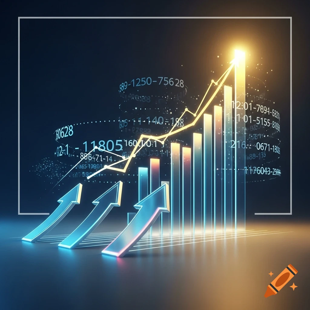 A vibrant digital bar chart and line graph ascending with three glowing arrows pointing upwards, set against a dark background with abstract data overlays.