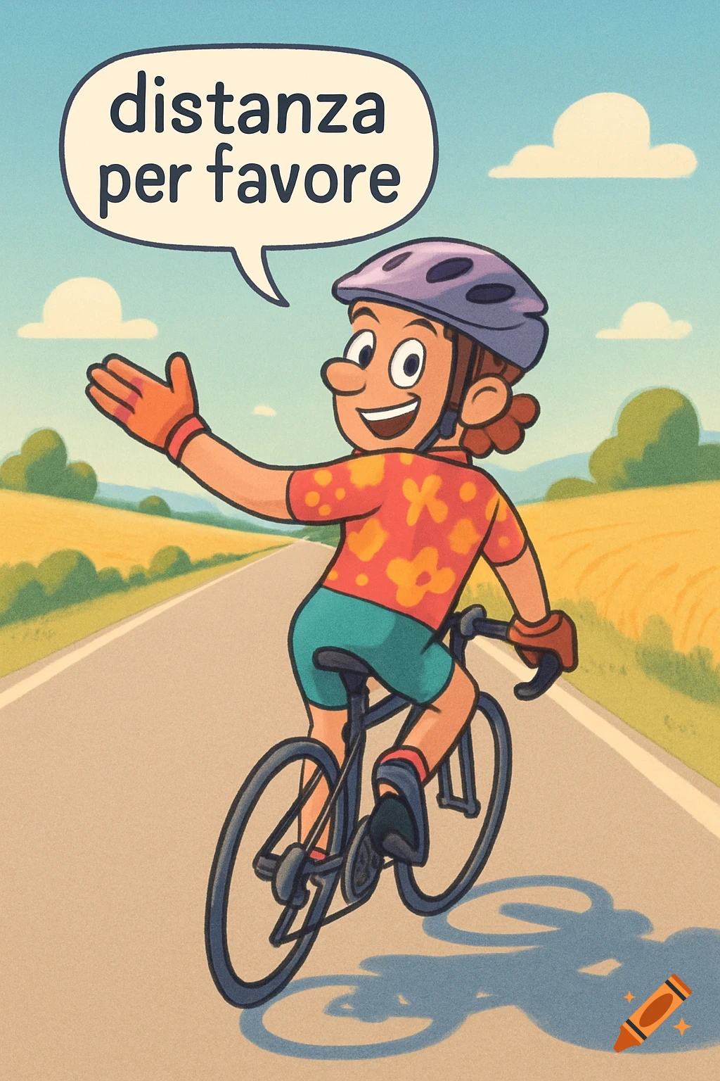 A cartoon cyclist on a road, wearing a helmet and gloves, looking back and waving, with a speech bubble saying "distanza per favore".