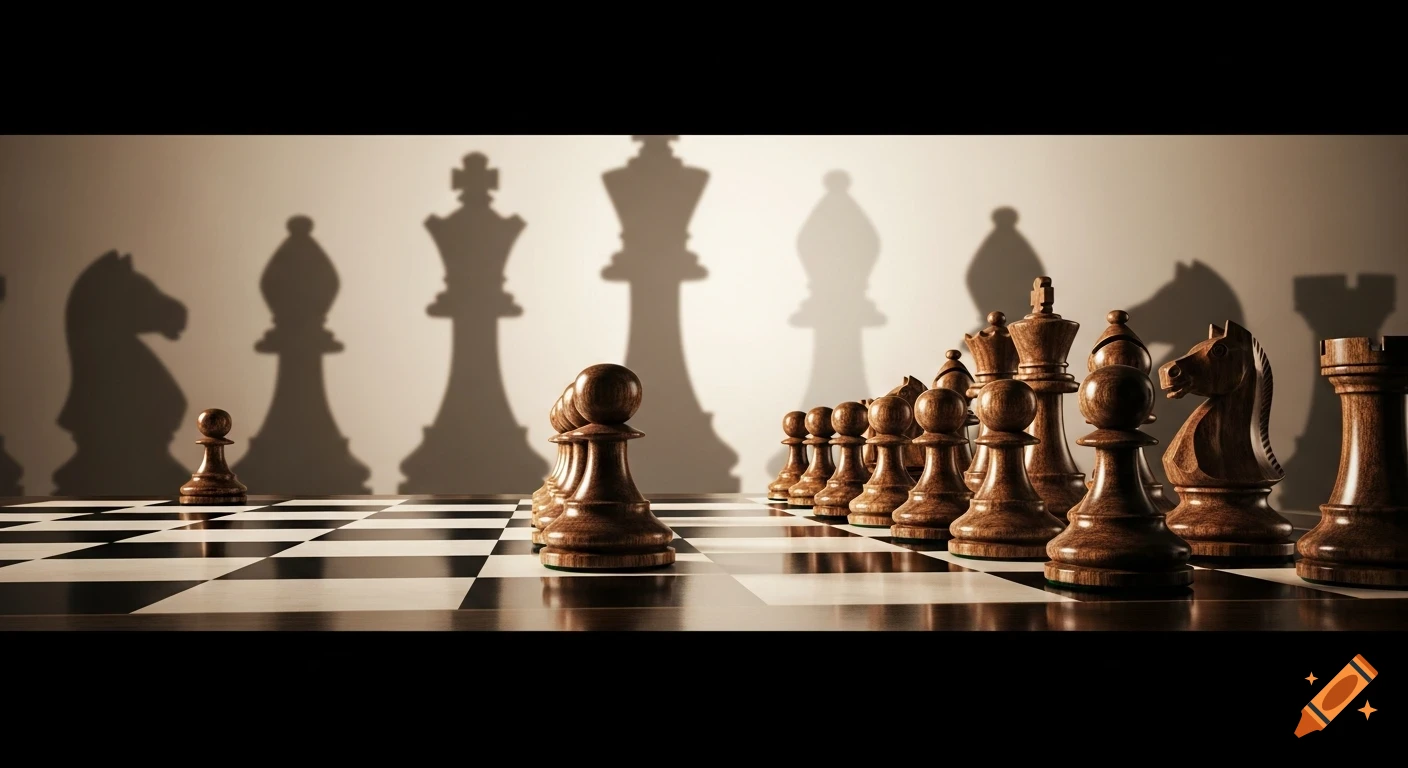 Dramatic shot of wooden chess pieces on a chessboard, casting long shadows from the back pieces.