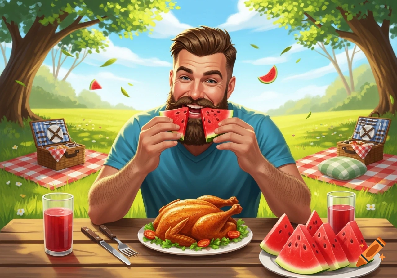 A smiling bearded man happily eats watermelon at a wooden picnic table with a roasted chicken and drinks in a sunny park.